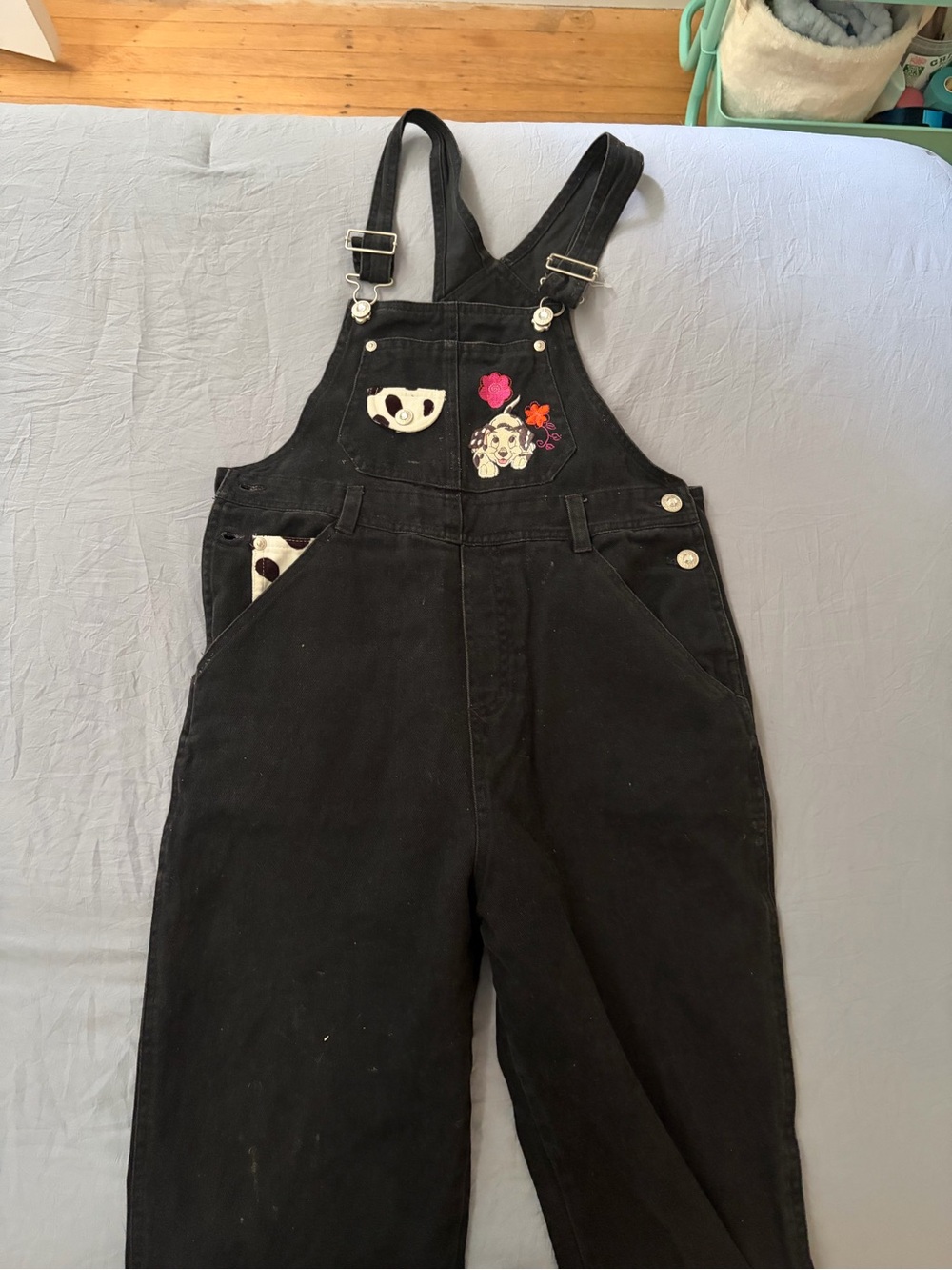 Black Kids Overalls with Colorful Floral and Animal Patch